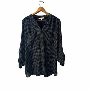 Black Rainn Polka Dot Blouse Size M Sheer Sleeve Button Tab Top